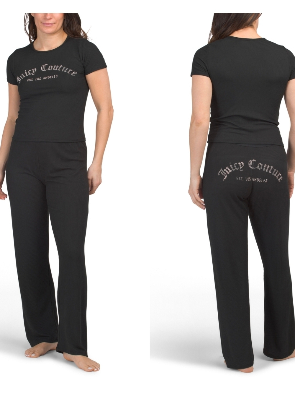 🖤🔹️Juicy Couture🔹️ Women Black Rhinestones  Top Pants Ribbed Set Lounge Set L